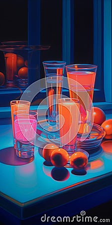 many fruit juice glasses on table dramatic light composition picture generative AI Stock Photo