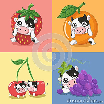 Many fruit milk dairy cow very cute. Vector Illustration