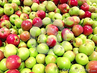 Many fruits green apples lying in supermarket Stock Photo