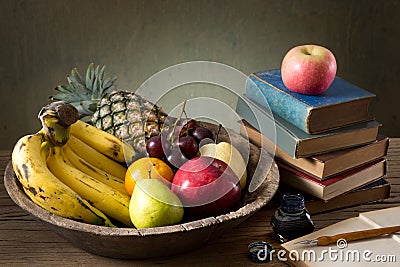 Many fruits in old wood tray Stock Photo