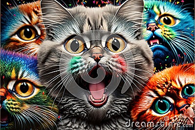 Many funny cats pets celebrating new year illustration generative ai Cartoon Illustration