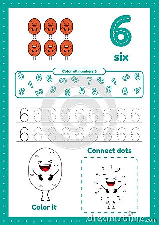 Many games on one page for preschool kids. Learning number 6 Vector Illustration