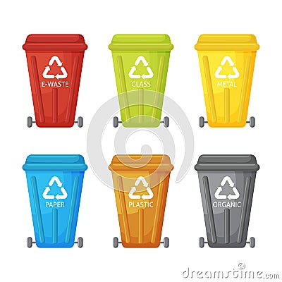 Many garbage cans with sorted garbage. Sorting garbage. Ecology and recycle concept. Trash cans isolated Vector Illustration