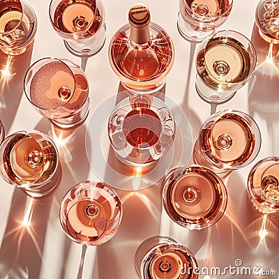 Many glasses and bottles of rose wine on white background. Top view, flat lay design. Direct sunlight with strong Stock Photo