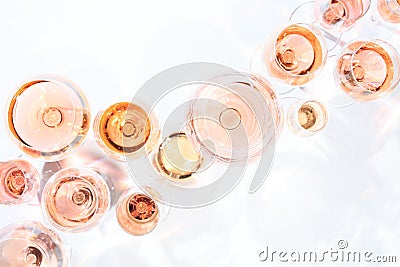 Many glasses of rose wine at wine tasting. Concept of rose wine Stock Photo