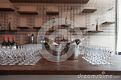 Many glasses with white wine on buffet table. Soft focus, selective focus Editorial Stock Photo