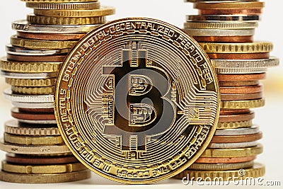 Many gold bitcoins, concept, background. Stock Photo