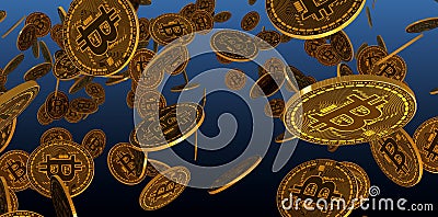 Many gold bitcoins laying on reflective surface, 3d Rendering Stock Photo