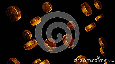 Many golden hockey pucks on black background. 3D render. Cartoon Illustration