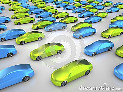 Many green and blue cars Stock Photo