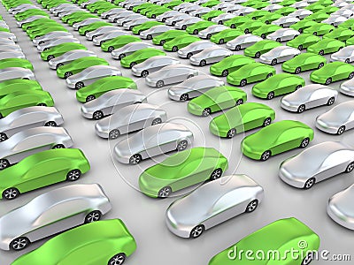 Many green cars in parking position Stock Photo