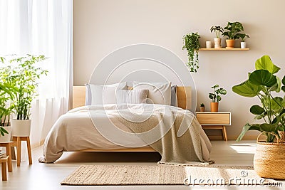 Many green potted houseplants in scandinavian interior design of modern bedroom with wooden shelf. Created with generative AI Stock Photo