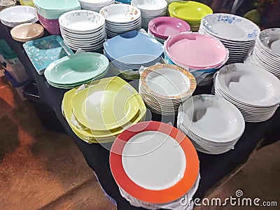 Many group Melamine dishes background Stock Photo