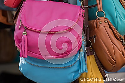 Many hand bag leather woman bags at the shop Stock Photo