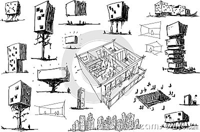 Many architectural sketches of a modern architecture and interior concepts Vector Illustration