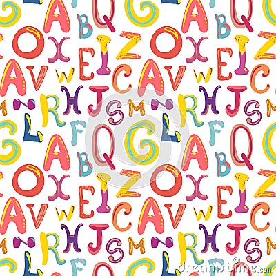 Many hand-drawn cute funky letters on white, seamless pattern Stock Photo