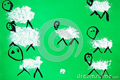 Many hand sheeps on green background. Like kids drawn flat doodle simple image. Child painting Stock Photo