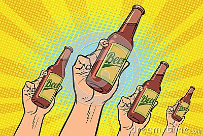 Many hands with a bottle of beer Vector Illustration