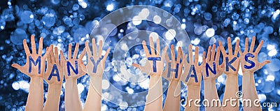Hands Building Many Thanks, Glittering And Sparkling Bokeh Background Stock Photo
