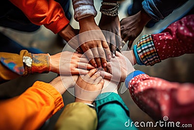 Many hands of different races and ethnicities. United for equality, team work, no room for racism Stock Photo