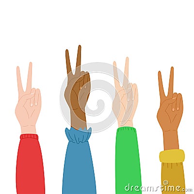 Many hands different skin color show Victory sign. Vector Illustration