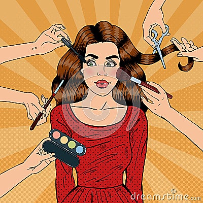 Many Hands Doing Glamour Make up for Young Woman. Pop Art Vector Illustration