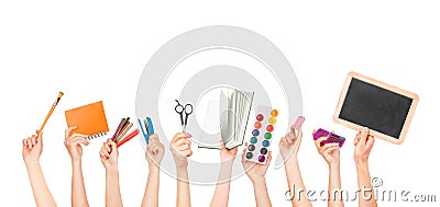 Many hands holding the office items Stock Photo