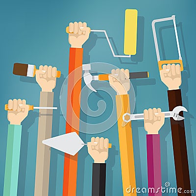 Many hands holds up instruments and tools. Vector Illustration
