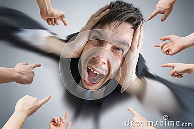 Many hands are pointing and blame man who made mistake Stock Photo