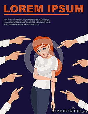 Many hands pointing the sad redhead upset woman looking down flat vector illustration on dark background Cartoon Illustration