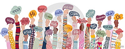 Many hands raised diverse and multicultural children and teens holding speech bubbles with text -hallo- in various international Stock Photo