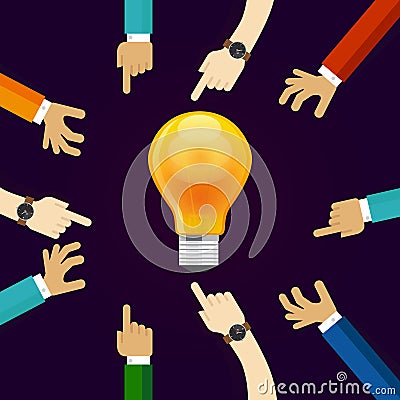 Many hands working together for an idea. a bulb lamp shine. concept of teamwork collaboration and participation in Vector Illustration