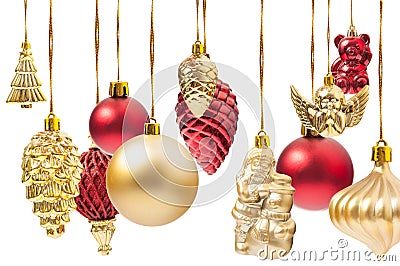 Many hanging Christmas globes or various decorations Stock Photo