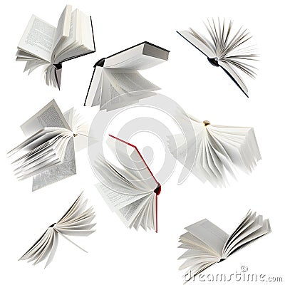 Many hardcover books falling on white background Stock Photo