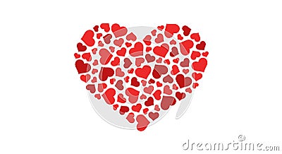 Many hearts in the shape of a big heart. Isolated on a white background. Love symbol. Red color. Icon or logo. Valentine`s day. Vector Illustration