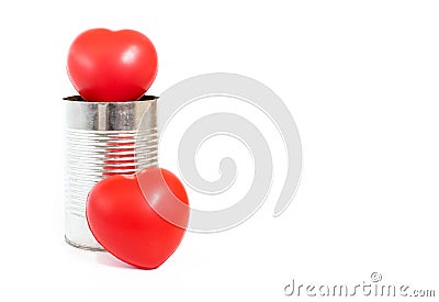 Many Hearts in tin can on white background, Love concept Stock Photo