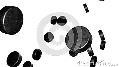 Many hockey pucks on white background. 3D render. Cartoon Illustration