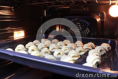 Many homemade cookies lying on baking sheet in the oven Stock Photo