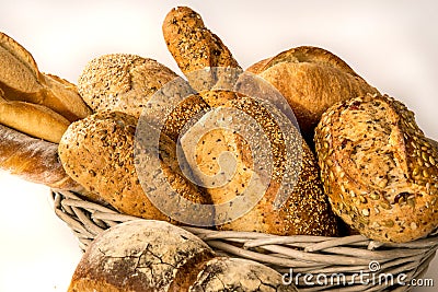 Many homemade whole grain crusty breads Stock Photo