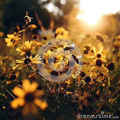 many honeybees are in between yellow flowers Stock Photo