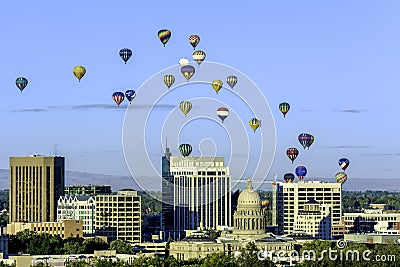 Many hot air ballons over the city of Boise Idaho Stock Photo