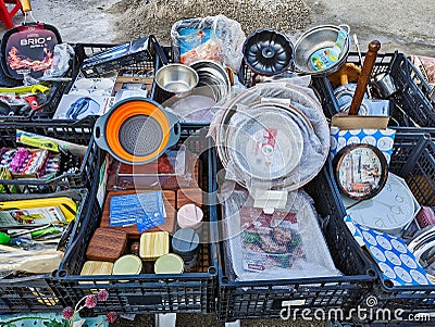 Many Household Items For Sale at Greek Street Market Editorial Stock Photo