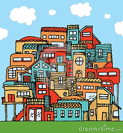Many houses / Colorful Tight community Cartoon Illustration