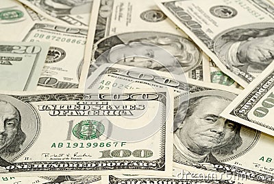 Many hundred-dollar banknotes Stock Photo