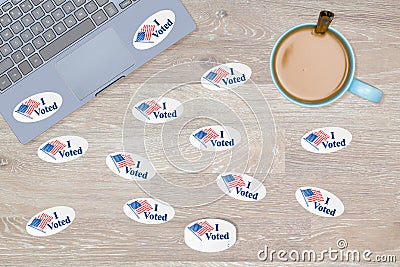 Many I Voted stickers on desk of hacker Stock Photo