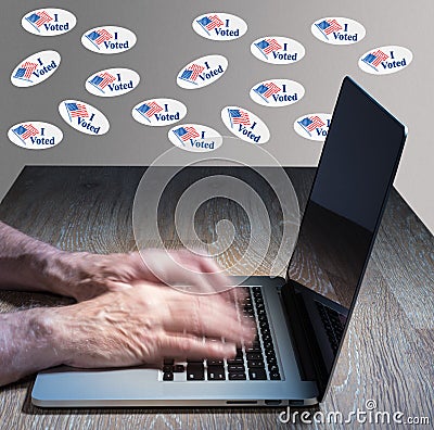 Many I Voted stickers on wall by vote hacker Stock Photo