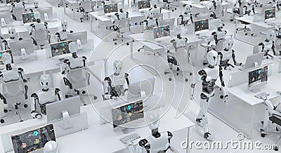 Many identical clone robots work in the office sitting at desks with computers. Future concept without people with smart robotics Stock Photo