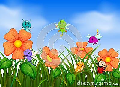 Many insect flying in flower garden Vector Illustration