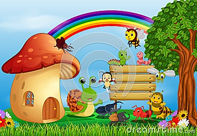 Many insect and a mushroom house in forest Vector Illustration