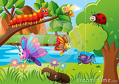 Many insects in the garden Cartoon Illustration